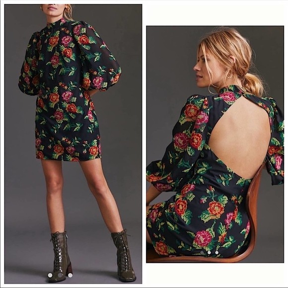 Eva Franco Dresses & Skirts - Eva Franco Embroidered Mini Dress Small Backless Puff Sleeves Black Pink Green